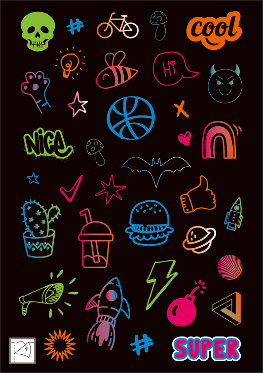 Gezeigt wird eine Innen- oder Zusatzansicht von „Neon-Sticker“. Die Aufkleber sind auf einem schwarzen Hintergrund angeordnet und präsentieren eine bunte Auswahl an Motiven wie Skulls, Radfahrer, Herzen und Regenbogen. Die Farben sind leuchtend und variieren von Neon-Grün über Pink bis Blau. Die Typografie umfasst verspielte Schriftarten mit Worten wie „cool“, „NICE“ und „SUPER“, die kreativ in die Illustrationen integriert sind.