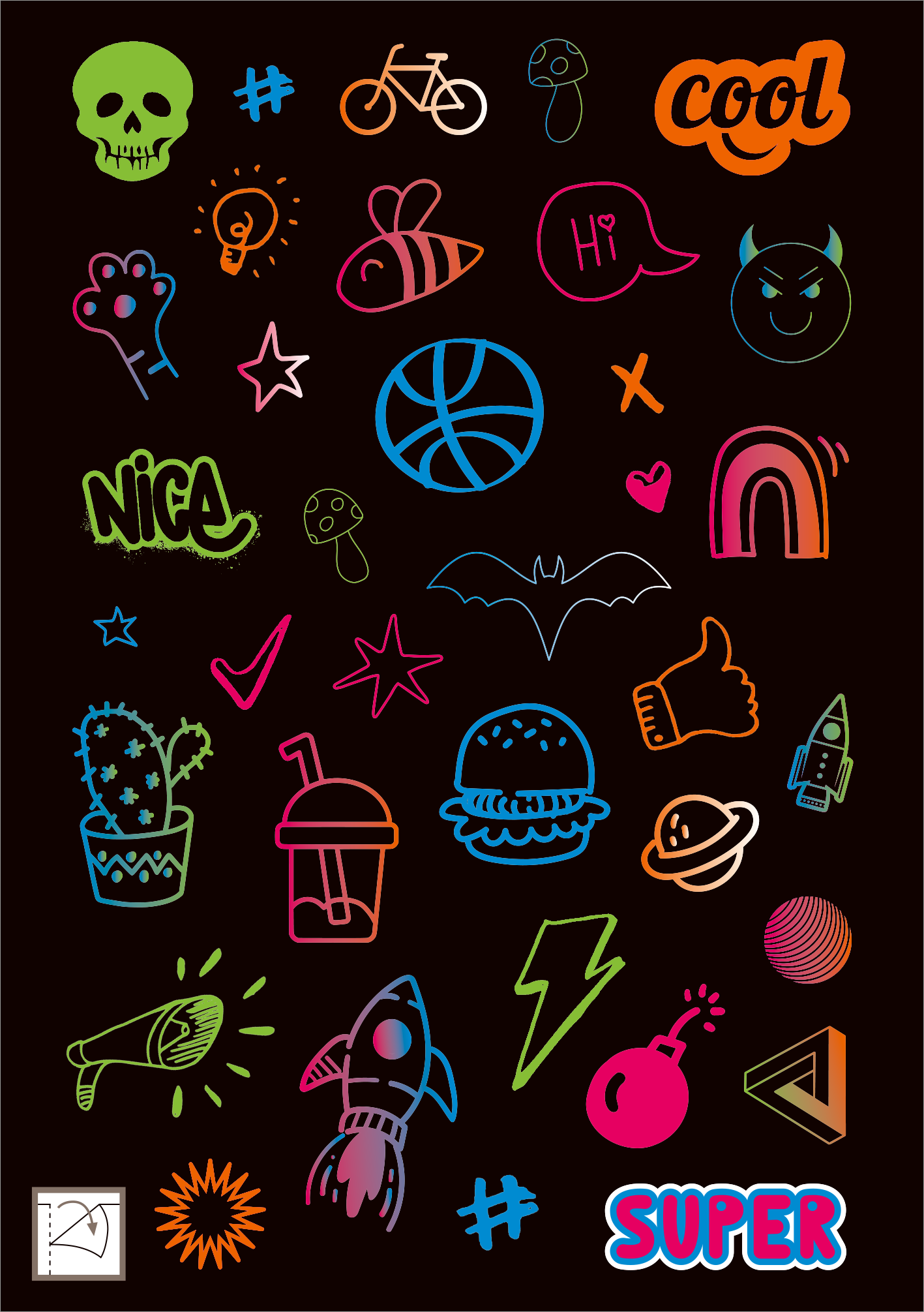 Gezeigt wird eine Innen- oder Zusatzansicht von „Neon-Sticker“. Die Aufkleber sind auf einem schwarzen Hintergrund angeordnet und präsentieren eine bunte Auswahl an Motiven wie Skulls, Radfahrer, Herzen und Regenbogen. Die Farben sind leuchtend und variieren von Neon-Grün über Pink bis Blau. Die Typografie umfasst verspielte Schriftarten mit Worten wie „cool“, „NICE“ und „SUPER“, die kreativ in die Illustrationen integriert sind.