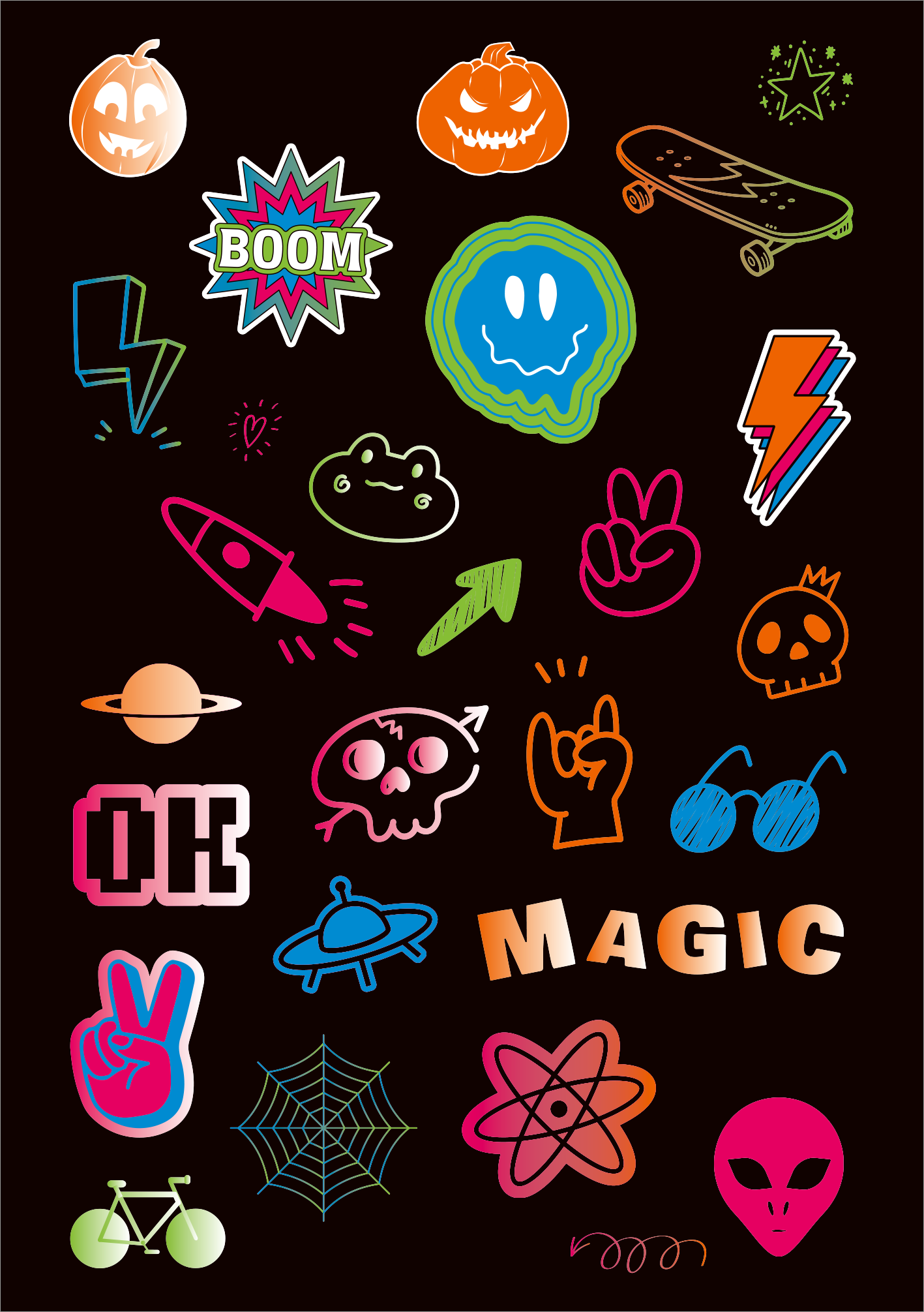 Gezeigt wird eine Innen- oder Zusatzansicht von „Neon-Sticker“. Die Darstellung enthält eine Vielzahl bunter Aufkleber in lebhaften Neonfarben auf schwarzem Hintergrund. Zu sehen sind unterschiedliche Motive wie Kürbisse, Blitzsymbole, smileys, Raumschiffe, und Skelette. Die Schriftzüge „OK“ und „MAGIC“ sind in auffälliger Darstellung platziert. Die verspielte Typografie und die verschiedenen Formen verleihen dem Gesamtbild eine dynamische und fröhliche Atmosphäre.