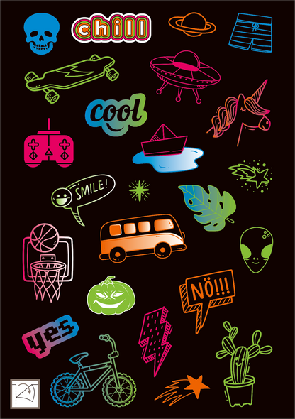 Gezeigt wird eine Innen- oder Zusatzansicht von „Neon-Sticker“. Die Aufkleber sind in leuchtenden Neonfarben gestaltet und zeigen verschiedene Motive wie ein Skateboard, einen UFO, ein Einhorn, ein Fahrrad und Pflanzen. Textelemente wie „chill“, „cool“, „YES“ und „Nö!!“ ergänzen die Designs. Der Hintergrund ist schwarz, wodurch die bunten Motive hervorgehoben werden. Die Schriftarten sind verspielt und modern, passend zu den jugendlichen Themen der Sticker.