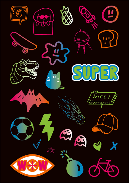Gezeigt wird eine Innen- oder Zusatzansicht von „Neon-Sticker“. Die Abbildung zeigt eine Vielzahl bunter, neonfarbener Sticker auf schwarzem Hintergrund. Zentrale Elemente sind ein Dinosaurier, ein Skateboard, ein Fußball, sowie verschiedene emotive Gesichter und Symbole. Auffällige Wörter wie „SUPER“, „NICE!“ und „WOW“ stechen in lebhaften Farben hervor. Die Typografie ist verspielt und modern, harmonisch ergänzt durch grafische Elemente, die eine fröhliche und kreative...