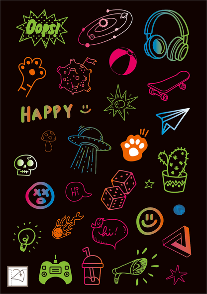 Gezeigt wird eine Innen- oder Zusatzansicht von „Neon-Sticker“. Die Aufkleber präsentieren eine Vielzahl von bunten Motiven, darunter Sterne, smileyartige Gesichter, sowie spielerische Symbole wie Skateboards und UFOs. Die Farben sind lebhaft in Neon-Tönen wie Pink, Grün und Blau gehalten, während die Schriftzüge wie „HAPPY“ und „Oops!“ in verspielter, handschriftlicher Typografie erscheinen. Der Hintergrund ist schwarz, was die leuchtenden Farben hervorhebt.