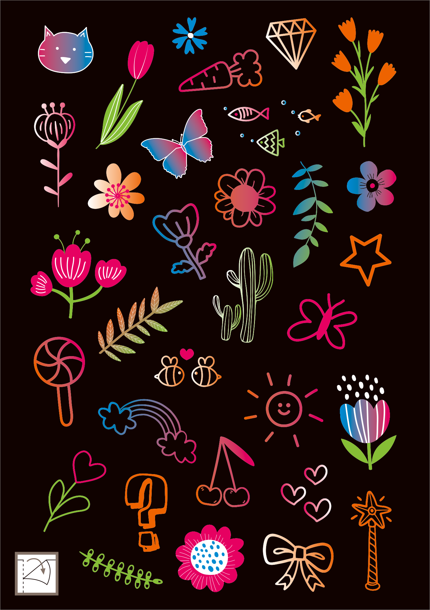 Gezeigt wird eine Innen- oder Zusatzansicht von „Neon-Sticker“. Die Darstellung besteht aus einer Vielzahl von bunten, handgezeichneten Motiven auf schwarzem Hintergrund. Zu sehen sind Blumen, Schmetterlinge, Sterne, ein Kaktus, ein Lollipop und verschiedene Symbole. Die Farben sind leuchtend, darunter Pink, Blau, Grün, Orange und Gelb. Die Typografie ist verspielt und variiert in der Größe, die Linienführung ist fließend und organisch, was die lebendige Ausstrahlung der Sticker...