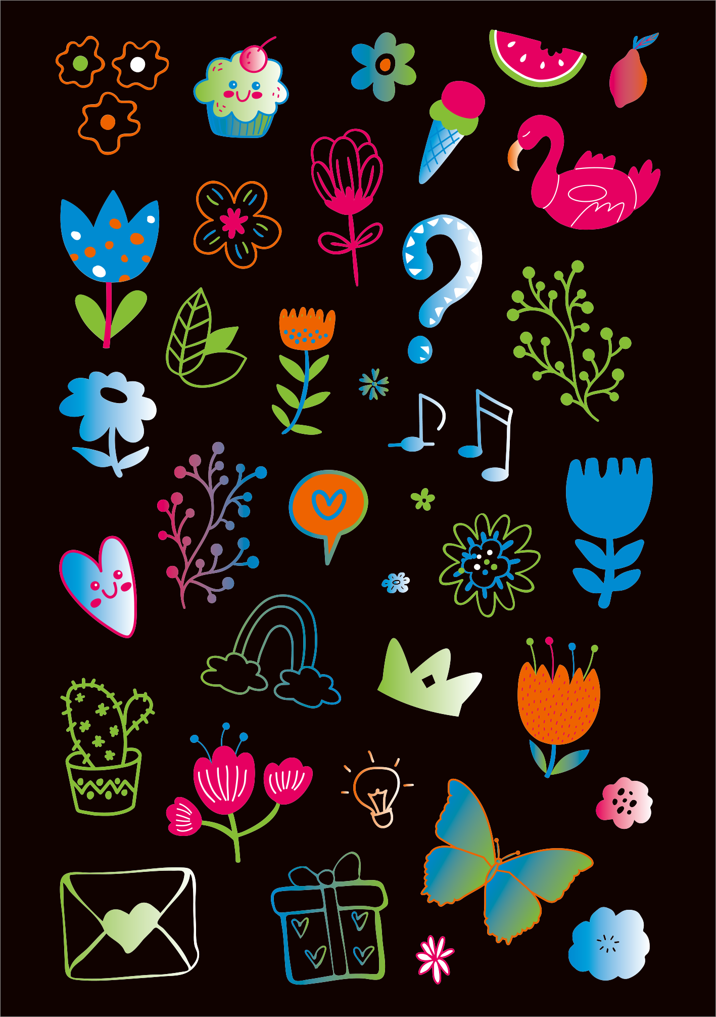 Gezeigt wird eine Innen- oder Zusatzansicht von „Neon-Sticker“. Die Anordnung zeigt eine Vielzahl von bunten, aufgeklebt wirkenden Motiven auf schwarzem Hintergrund. Zu den zentralen Elementen gehören Blumen, Früchte, ein Schwan, Noten, Herzen und ein cactuss. Die Farben sind lebhaft, darunter Pink, Blau, Gelb und Grün, die durch eine verspielte, handgezeichnete Typografie ergänzt werden. Die Sticker verleihen dem Design eine fröhliche und einladende Stimmung.