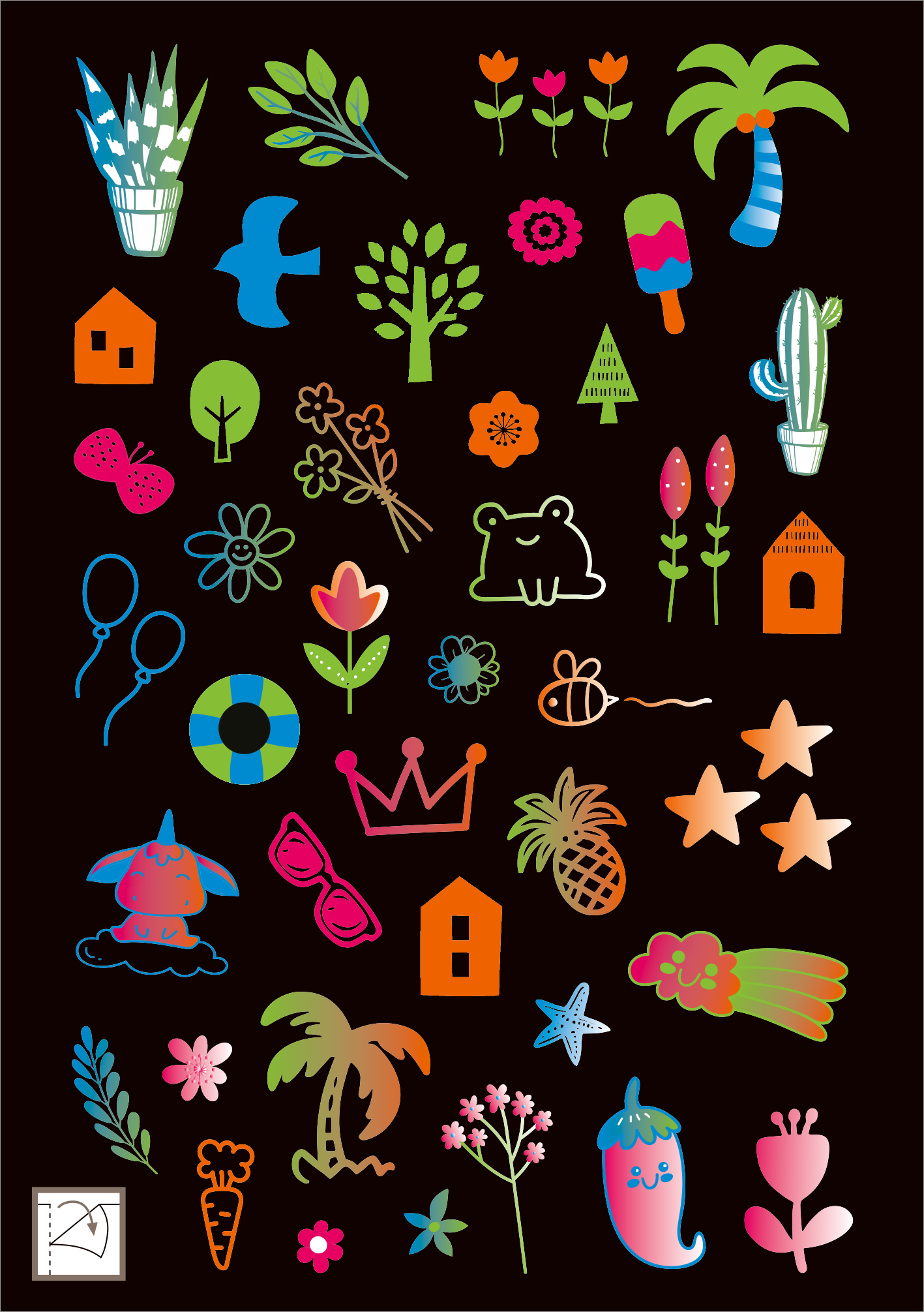 Gezeigt wird eine Innen- oder Zusatzansicht von „Neon-Sticker“. Die Bildkomposition umfasst eine Vielzahl von bunten, kindgerecht gestalteten Motiven auf schwarzem Hintergrund. Zu den zentralen Elementen gehören Pflanzen, Tiere, Früchte sowie geometrische Formen. Die Farbpalette reicht von leuchtendem Grün und Orange bis hin zu sanften Rosa- und Blautönen. Die Typografie ist verspielend und ergänzend zu den Illustrationen, die insgesamt einen lebhaften und fröhlichen Eindruck...