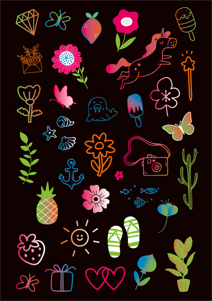 Gezeigt wird eine Innen- oder Zusatzansicht von „Neon-Sticker“. Die Gestaltung umfasst eine Vielzahl von bunten, neonfarbenen Motiven auf schwarzem Hintergrund, darunter Pflanzen, Tiere, Geschenke und Symbole. Zu sehen sind ein Einhorn, Blumen, Früchte, ein Anker und andere verspielte Elemente. Die Farben reichen von leuchtendem Pink, Blau und Gelb bis zu zarten Grüntönen, wobei die Typografie durch klare, handschriftliche Züge besticht.