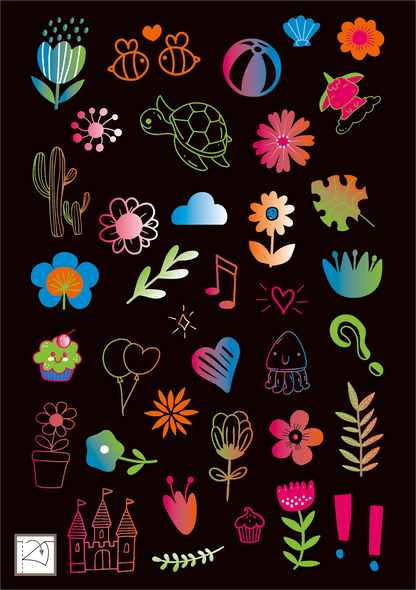 Gezeigt wird eine Innen- oder Zusatzansicht von „Neon-Sticker“. Die Abbildung zeigt eine Vielzahl farbenfroher, neonfarbener Motive auf schwarzem Hintergrund. Zu sehen sind unter anderem Blumen, Tiere, Pflanzen, Musicalnoten und Gebäudestrukturen, die in lebhaften Farben wie Pink, Blau, Grün und Gelb gestaltet sind. Die Typografie ist verspielt und kombiniert verschiedene Schriftarten und Stile. Die Anordnung der Elemente ist harmonisch und abwechslungsreich, was ein einladendes und...