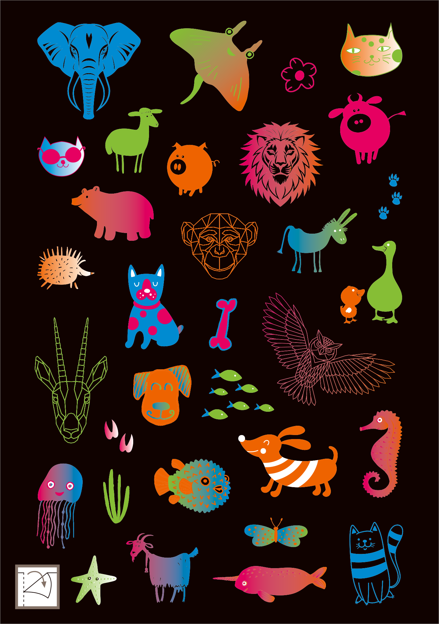 Gezeigt wird eine Innen- oder Zusatzansicht von „Neon-Sticker“. Die Darstellung zeigt eine Vielzahl von bunten, stilisierten Tieren und Pflanzen auf schwarzem Hintergrund. Unter den wechselnden Farben dominieren kräftige Nuancen wie Pink, Blau, Grün und Gelb. Zu den zentralen Elementen zählen ein Elefant, ein Löwe, ein Hund und unterschiedliche Fische. Die Typografie ist verspielt und unkonventionell, was die kreative Atmosphäre der Sticker unterstreicht.