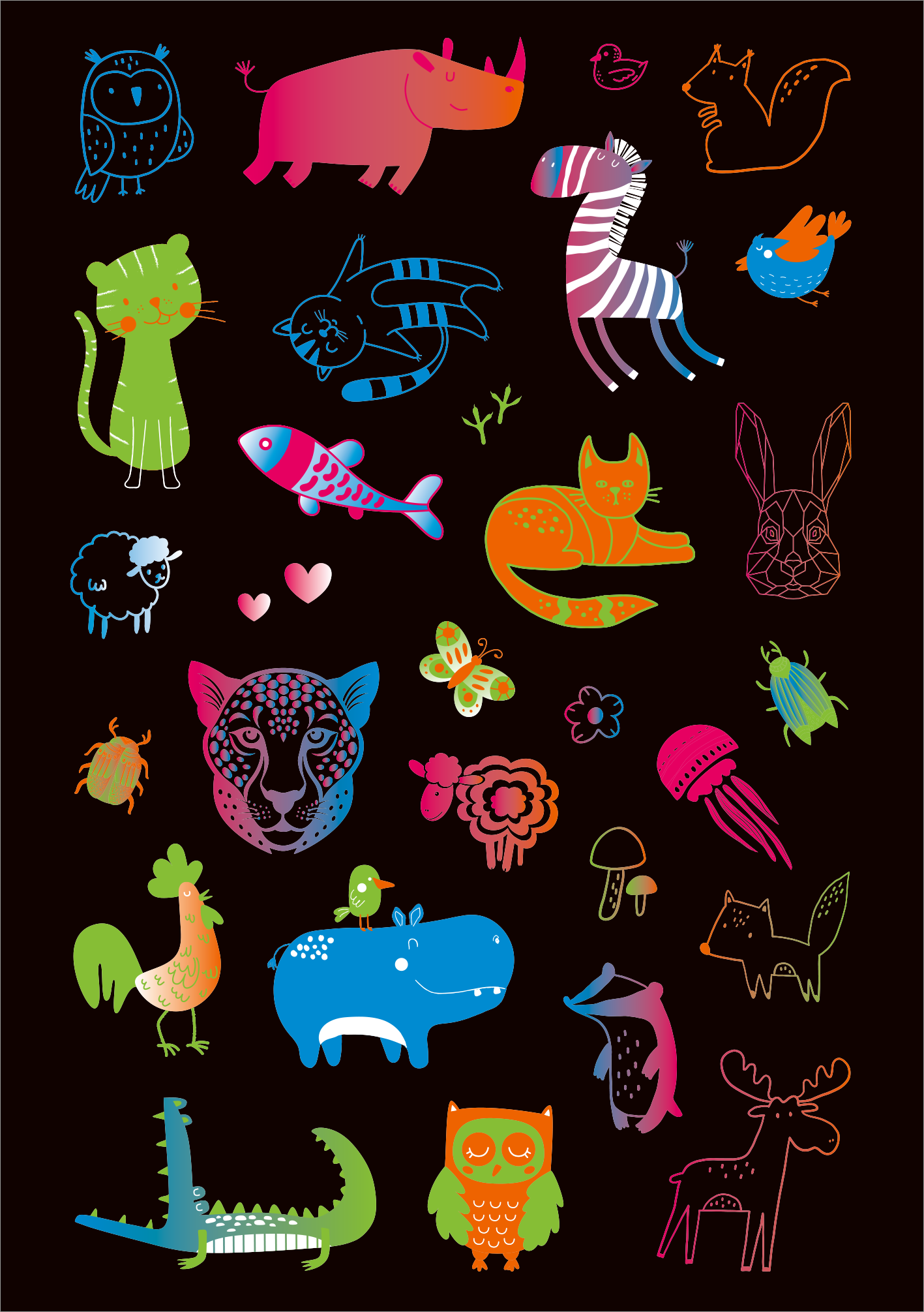 Gezeigt wird eine Innen- oder Zusatzansicht von „Neon-Sticker“. Die Ansicht enthält eine Vielzahl von bunten Tiermotiven, darunter ein grünes Kätzchen, eine rosa Kuh, eine gestreifte Zebrafigur und verschiedene Fische. Die Farben sind leuchtend, darunter Neonpink, -blau, -grün und -orange, auf einem schwarzen Hintergrund. Die Typografie ist spielerisch und kreativ mit Herzen und Blumen, die die Tiermotive ergänzen.