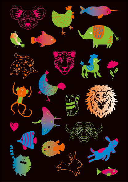 Gezeigt wird eine Innen- oder Zusatzansicht von „Neon-Sticker“. Die Abbildung zeigt eine dynamische Anordnung verschiedener bunter Tiermotive, darunter ein Löwe, ein Elefant und ein Vogel. Die Farben sind lebhaft und leuchtend, vor allem in Neonpink, -grün und -blau. Die Figuren sind stilisiert und teilweise cartoonhaft gestaltet, wobei die Typografie bewusst einfach gehalten ist, um die Illustrationen in den Vordergrund zu stellen. Der Hintergrund ist in einem tiefen Schwarz gehalten,...