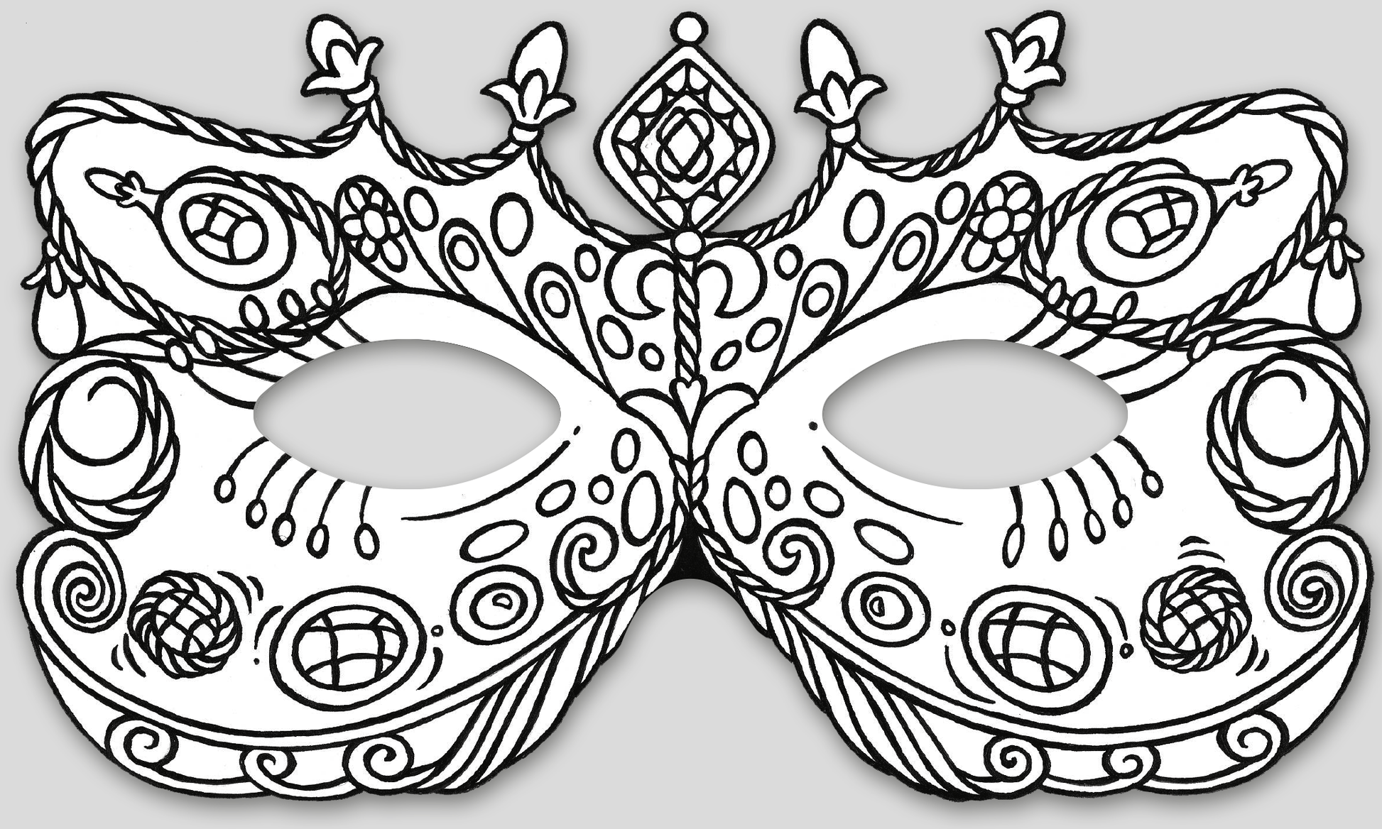 Gezeigt wird eine Innen- oder Zusatzansicht von „Feenmasken zum Ausmalen“. Die Abbildung zeigt eine kunstvoll gestaltete Maske mit geschwungenen Linien und detaillierten Mustern, die spiralförmige und punktierte Elemente enthalten. Zwei große Augenlöcher und ein zentral geschmückter Punkt verleihen der Maskenform eine zauberhafte Note. Der Hintergrund ist neutral, sodass die schwarze, umrisste Zeichnung zur Geltung kommt und zum Ausmalen einlädt.