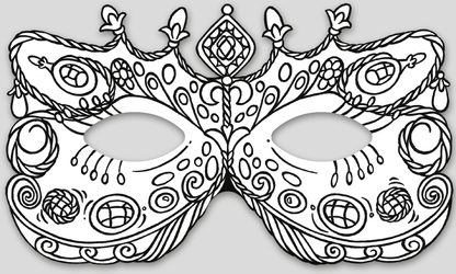 Gezeigt wird eine Innen- oder Zusatzansicht von „Feenmasken zum Ausmalen“. Die Abbildung zeigt eine kunstvoll gestaltete Maske mit geschwungenen Linien und detaillierten Mustern, die spiralförmige und punktierte Elemente enthalten. Zwei große Augenlöcher und ein zentral geschmückter Punkt verleihen der Maskenform eine zauberhafte Note. Der Hintergrund ist neutral, sodass die schwarze, umrisste Zeichnung zur Geltung kommt und zum Ausmalen einlädt.