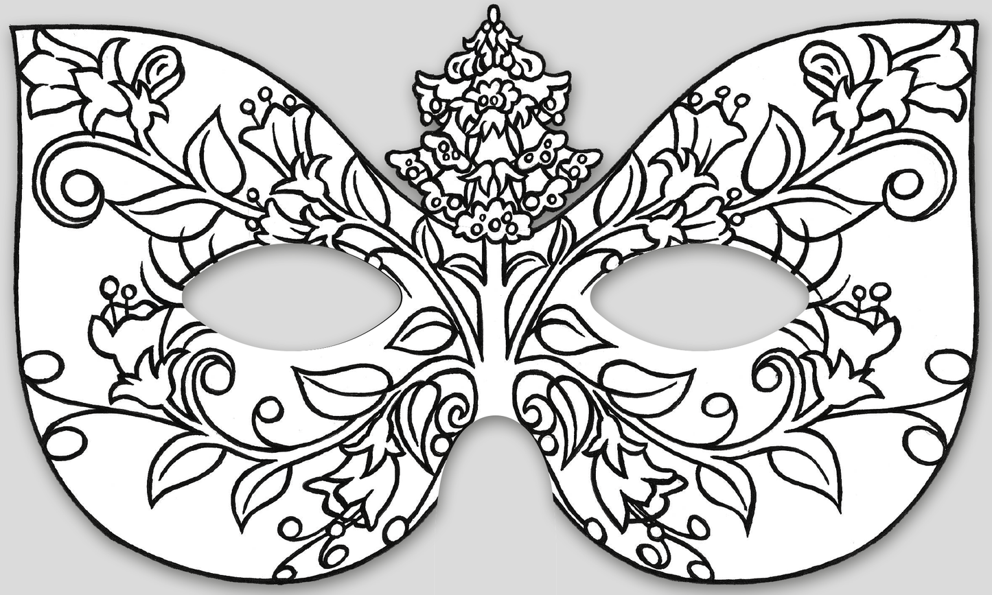 Gezeigt wird eine Innen- oder Zusatzansicht von „Feenmasken zum Ausmalen“. Die Maske ist filigran gestaltet und zeigt florale Muster mit geschwungenen Linien und Blüten. Zentrale Elemente sind zwei große geschwungene Flügel an den Seiten und ein blütenförmiger Detailbereich in der Mitte. Die Konturen sind klar und schwarz, ideal zum Ausmalen. Die Maske bietet Platz für kreative Farbgestaltungen und hat zwei runde Augenöffnungen.