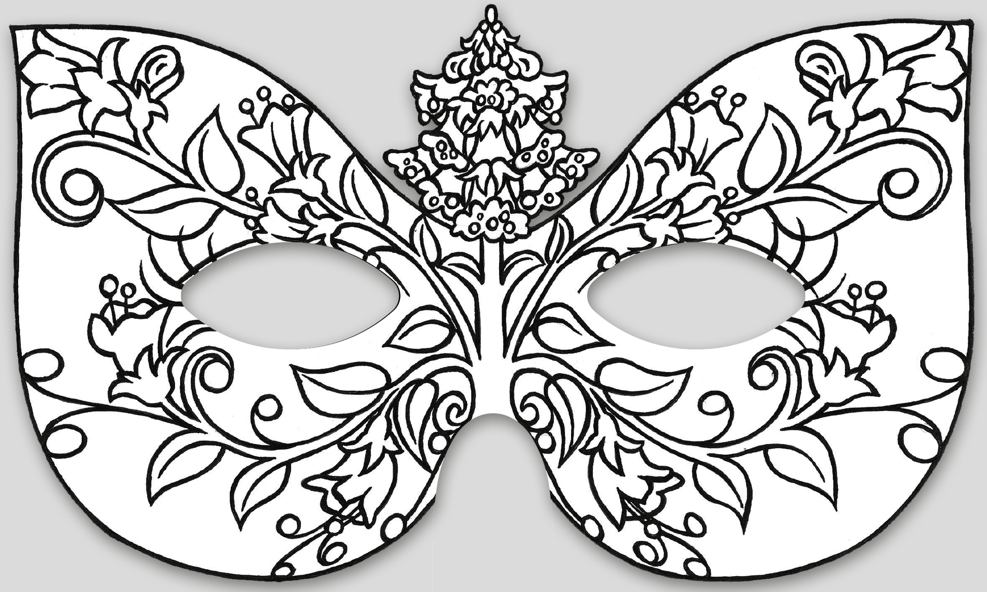 Gezeigt wird eine Innen- oder Zusatzansicht von „Feenmasken zum Ausmalen“. Die Maske ist filigran gestaltet und zeigt florale Muster mit geschwungenen Linien und Blüten. Zentrale Elemente sind zwei große geschwungene Flügel an den Seiten und ein blütenförmiger Detailbereich in der Mitte. Die Konturen sind klar und schwarz, ideal zum Ausmalen. Die Maske bietet Platz für kreative Farbgestaltungen und hat zwei runde Augenöffnungen.