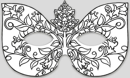 Gezeigt wird eine Innen- oder Zusatzansicht von „Feenmasken zum Ausmalen“. Die Maske ist filigran gestaltet und zeigt florale Muster mit geschwungenen Linien und Blüten. Zentrale Elemente sind zwei große geschwungene Flügel an den Seiten und ein blütenförmiger Detailbereich in der Mitte. Die Konturen sind klar und schwarz, ideal zum Ausmalen. Die Maske bietet Platz für kreative Farbgestaltungen und hat zwei runde Augenöffnungen.