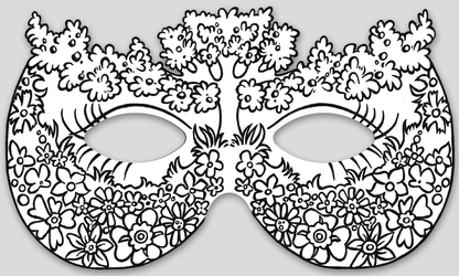 Gezeigt wird eine Innen- oder Zusatzansicht von „Feenmasken zum Ausmalen“. Die Maske ist mit filigranen, floralen Motiven verziert, die eine Vielzahl von Blumen und Blättern darstellen. In der Mitte der Maske erhebt sich ein Baum, umgeben von bunten Elementen. Die Konturen sind klar und deutlich, um ein präzises Ausmalen zu ermöglichen. Die insgesamt schwarz-weiße Gestaltung bietet Raum für Kreativität und individuelles Farbenspiel.