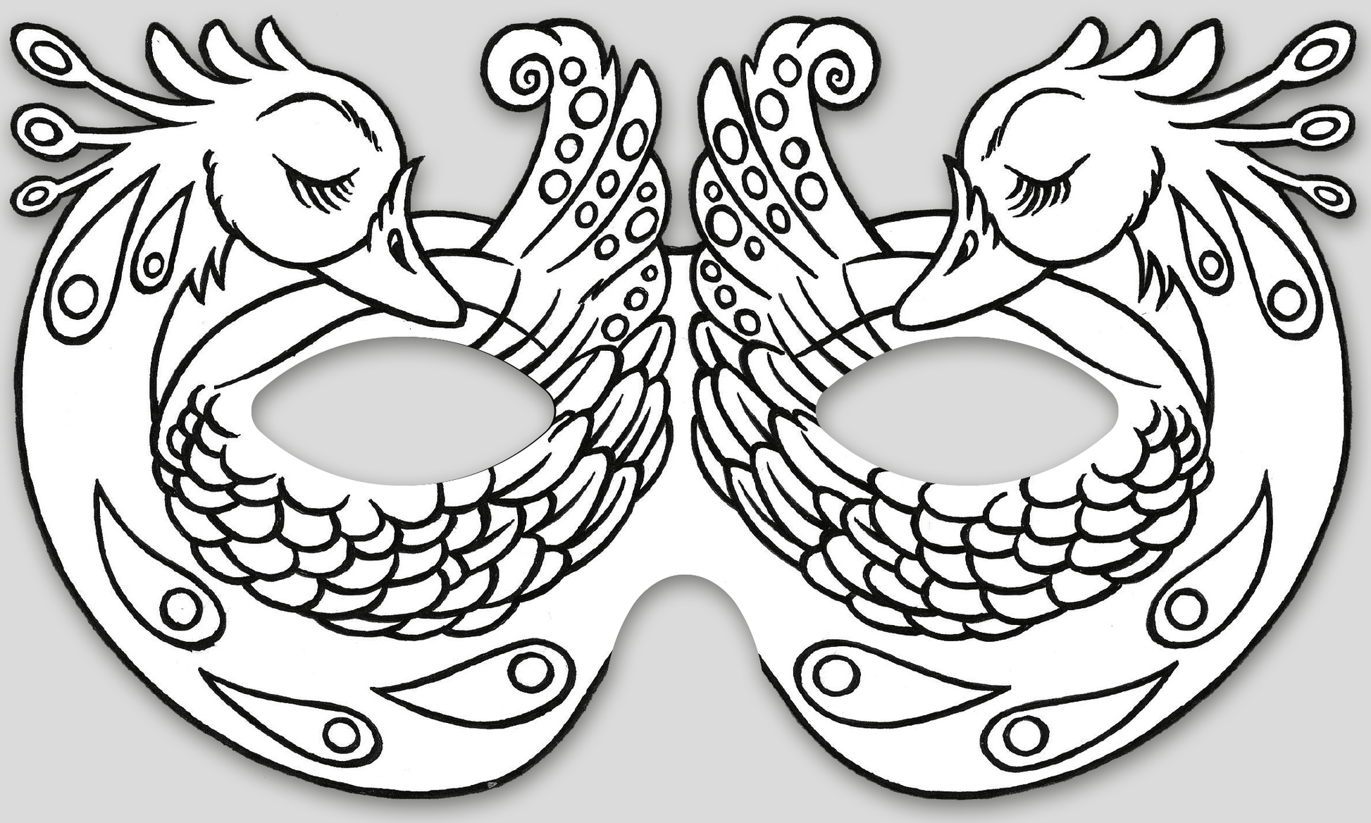 Gezeigt wird eine Innen- oder Zusatzansicht von „Feenmasken zum Ausmalen“. Die Darstellung zeigt eine maskenartige Zeichnung mit zwei stilisierten Vögeln, die einander zugewandt sind. Die Vögel sind mit geschwungenen Linien und detaillierten Mustern gestaltet, die deren Federn hervorheben. Die Farbgebung ist in einem klaren, überwiegend weißen Schema gehalten, ideal zum Ausmalen. Die Typografie ist verspielt und fließend, was die märchenhafte Atmosphäre unterstreicht.