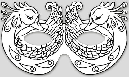 Gezeigt wird eine Innen- oder Zusatzansicht von „Feenmasken zum Ausmalen“. Die Darstellung zeigt eine maskenartige Zeichnung mit zwei stilisierten Vögeln, die einander zugewandt sind. Die Vögel sind mit geschwungenen Linien und detaillierten Mustern gestaltet, die deren Federn hervorheben. Die Farbgebung ist in einem klaren, überwiegend weißen Schema gehalten, ideal zum Ausmalen. Die Typografie ist verspielt und fließend, was die märchenhafte Atmosphäre unterstreicht.