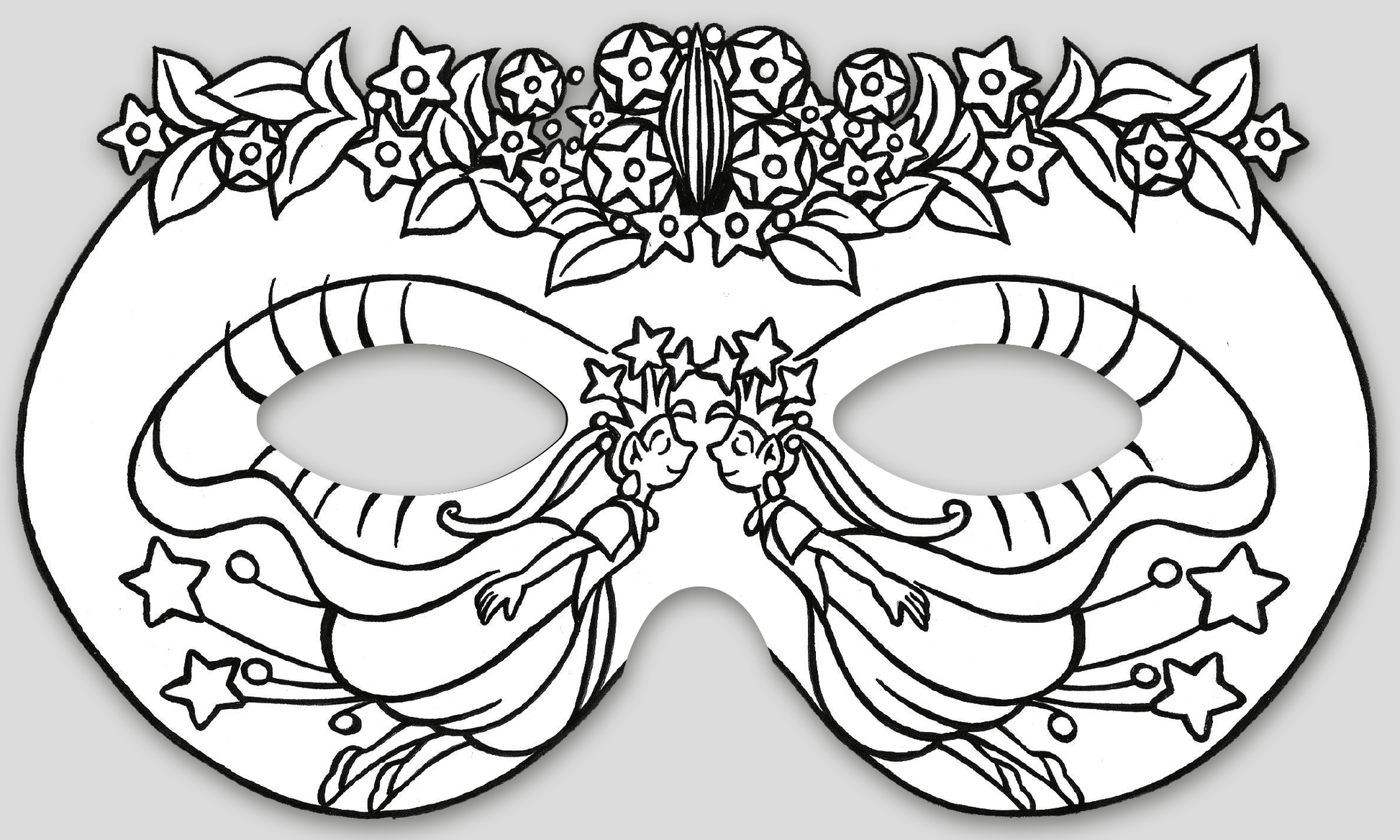 Gezeigt wird eine Innen- oder Zusatzansicht von „Feenmasken zum Ausmalen“. Die Abbildung zeigt eine maskenförmige Zeichnung, die mit floralen Motiven, darunter Blumen und Blätter, verziert ist. Im unteren Bereich sind zwei feenartige Figuren dargestellt, die harmonisch nebeneinander stehen und von Sternen umgeben sind. Die Konturen sind klar und dunkel, was eine einfache Ausmalung ermöglicht. Die Typografie ist in der Gestaltung der Masken nicht enthalten, wodurch der Fokus auf den...
