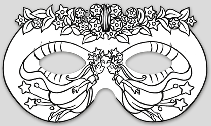 Gezeigt wird eine Innen- oder Zusatzansicht von „Feenmasken zum Ausmalen“. Die Abbildung zeigt eine maskenförmige Zeichnung, die mit floralen Motiven, darunter Blumen und Blätter, verziert ist. Im unteren Bereich sind zwei feenartige Figuren dargestellt, die harmonisch nebeneinander stehen und von Sternen umgeben sind. Die Konturen sind klar und dunkel, was eine einfache Ausmalung ermöglicht. Die Typografie ist in der Gestaltung der Masken nicht enthalten, wodurch der Fokus auf den...