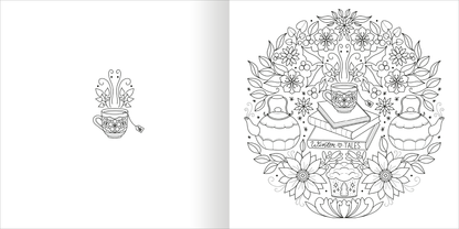 Gezeigt wird eine Innen- oder Zusatzansicht von „Mandala-Zauber – Winterzeit“. Die Abbildung zeigt ein detailliertes, schwarz-weißes Mandala mit verschiedenen Teetassen, einer Teekanne und Winterblumen. Die zarten Umrisse laden zum Ausmalen ein. In der Mitte ist ein Stapel Bücher platziert, darunter steht „Zeit für Tales“. Die floralen Elemente umgeben die zentralen Motive und verleihen der Komposition eine harmonische und ansprechende Atmosphäre.