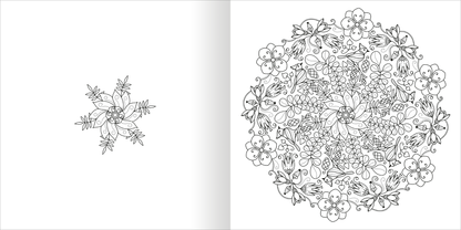 Gezeigt wird eine Innen- oder Zusatzansicht von „Mandala-Zauber – Winterzeit“. Auf der linken Seite ist ein filigranes, kreisförmiges Motiv mit zarten Blumen und Blättern in Schwarz-Weiß zu sehen. Die zentrale Darstellung zeigt ein detailliertes Mandala, das durch symmetrische Formen und eine Vielzahl von floralen Elementen besticht.