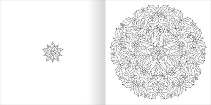Gezeigt wird eine Innen- oder Zusatzansicht von „Mandala-Zauber – Winterzeit“. Auf der linken Seite ist ein kleiner blütenförmiger Entwurf zu sehen, während die rechte Seite ein detailliertes, kreisförmiges Mandala in Schwarz-Weiß präsentiert. Die Muster bestehen aus winterlichen Pflanzen und geometrischen Formen, die harmonisch miteinander verbunden sind. Die Feinheit der Linien und die symmetrische Anordnung laden zur kreativen Betätigung ein und schaffen eine meditative...