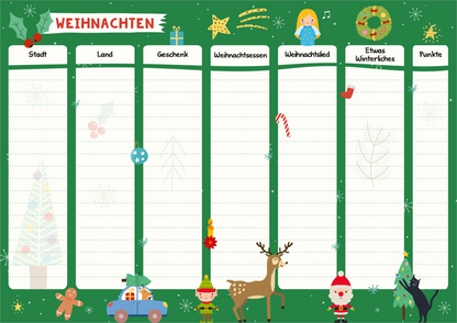 Gezeigt wird eine Innen- oder Zusatzansicht von „Stadt, Land, Schneeballschlacht“. Der Hintergrund ist in einem kräftigen Grün gehalten und zeigt Weihnachtsmotive wie Sterne, einen Weihnachtskranz und geschmückte Tannenbäume. In der oberen Mitte steht der Titel „WEIHNACHTEN“ in einer verspielten Schrift. Darunter befinden sich mehrere leere Felder zur Eingabe von Informationen, umgeben von Figuren wie einem Rentier, einem Weihnachtsmann und einem Auto. Die gesamte Gestaltung...