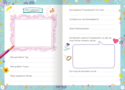 Gezeigt wird eine Innenansicht von „Ihr seid die Besten! – Das schönste Freundschaftsbuch ever“. Die Seite ist bunt und verspielt gestaltet mit Illustrationen in pastelligen Farben. Hier können sich Freundinnen und Freunde eintragen, ein Foto einkleben, verschiedene Fragen beantworten und Dinge ausmalen oder ankreuzen.
