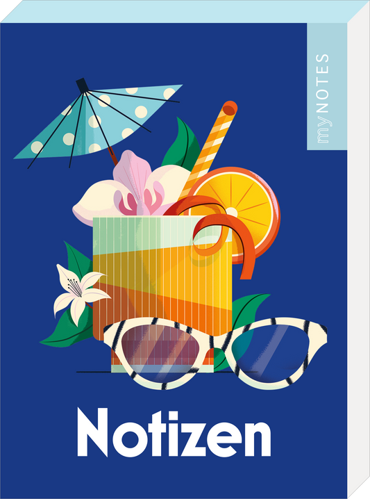 Das Buchcover zeigt ein stilvolles Illustration eines Cocktails in einem bunten Glas, dekoriert mit einer blauen, gepunkteten Sonnenschirmchen, einer Orangenscheibe und frischen Blumen. Im Vordergrund liegen elegante Brillengläser mit einem ausgefallenen Muster. Der Hintergrund ist in einem tiefen Blau gehalten, während der Titel „Notizen“ in großen, weißen Buchstaben mittig platziert ist. Ganz oben rechts ist die Aufschrift „my NOTES“ zu sehen. Ganz unten mittig steht der...