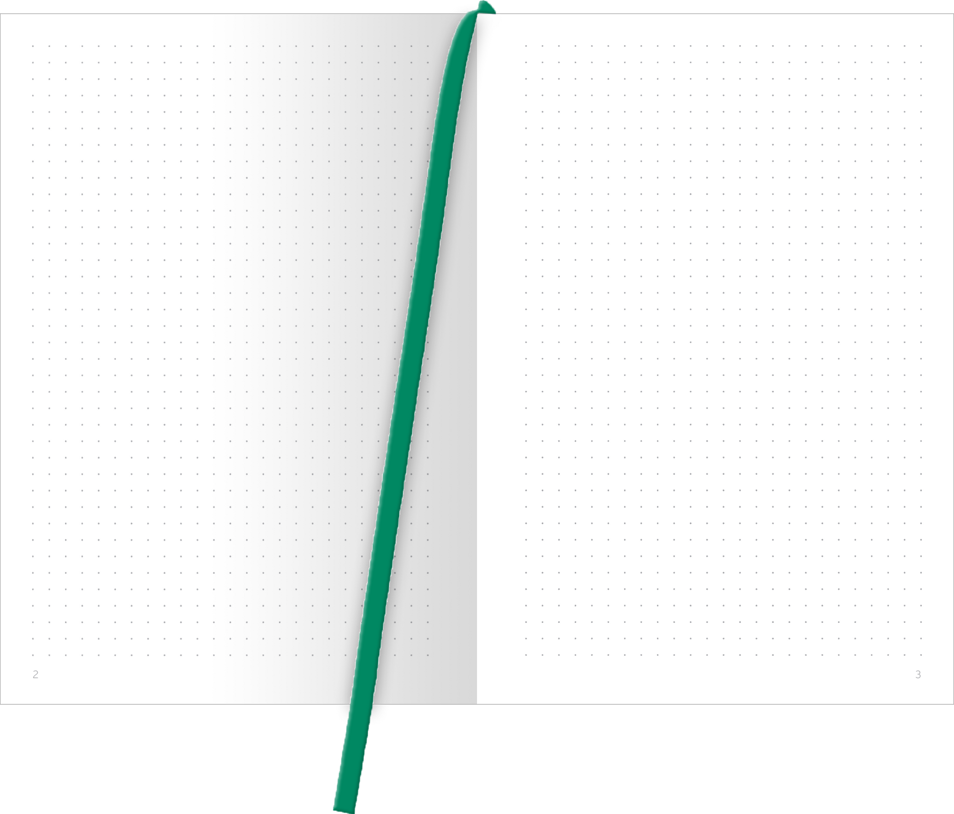 Gezeigt wird eine Innenansicht von „myNOTES Papeterie: Notizbuch A5 Farben des Sommers“. Die Seiten sind unbeschrieben mit feinen, grauen Punkten auf weißem Hintergrund, die als Hilfestellung für das Schreiben dienen. Ein leuchtend grünes Leseband ist auf der linken Seite sichtbar und sorgt für einen frischen Akzent. Die Typografie ist klar und modern, ohne Ablenkungen, um den Fokus auf die Notizen zu legen.