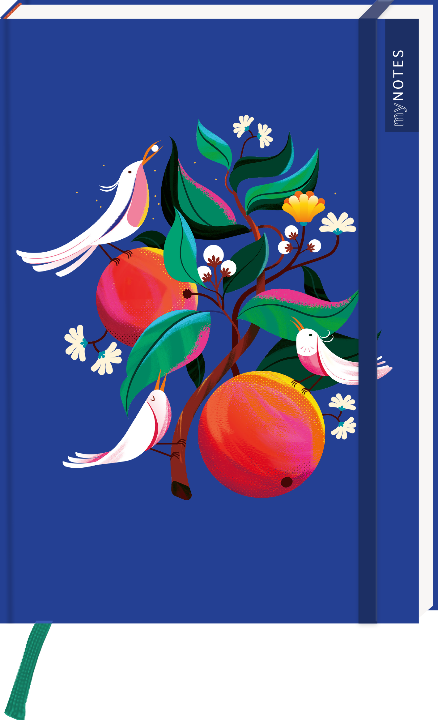 Auf dem Cover ist ein strahlend blauer Hintergrund zu sehen, auf dem sich ein lebhaftes Arrangement aus orangefarbenen Früchten, stilisierten Blättern und weißen Blüten entfaltet. Zwei weiße Vögel sind zwischen den Elementen platziert, was eine fröhliche, harmonische Atmosphäre schafft. Rechts oben befindet sich der Schriftzug „my NOTES“ in einer modernen Schriftart. Ganz unten mittig steht der Logoschriftzug von arsEdition.