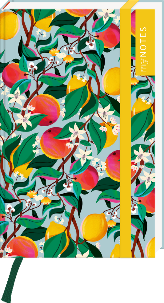Das Buchcover zeigt ein lebhaftes, farbenfrohes Muster mit pinken und gelben Früchten, umgeben von grünen Blättern und weißen Blüten. Der Hintergrund ist in sanften Blautönen gehalten. Auf der rechten Seite verläuft ein gelber Bug mit dem Schriftzug „my NOTES“ in eleganter, moderner Schrift. Die Atmosphäre wirkt frisch und einladend. Ganz unten mittig steht der Logoschriftzug von arsEdition.