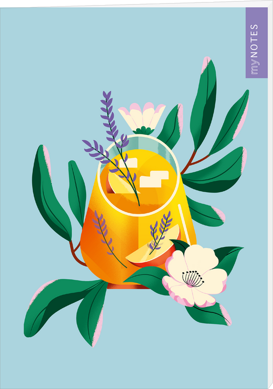 Das Buchcover zeigt ein stilisiertes, gelb gefärbtes Glas mit einer erfrischenden Flüssigkeit, umgeben von grünen Blättern und bunten Blumen in zarten Rosa- und Weißtönen. Der Hintergrund ist in einem sanften Hellblau gehalten, was eine frische und einladende Atmosphäre schafft. Über dem Bild steht auf einem lila Balken „my NOTES“. Ganz unten mittig steht der Logoschriftzug von arsEdition.