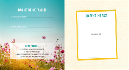 Gezeigt wird eine Innen- oder Zusatzansicht von „Meine Jugendweihe“. Die linke Seite zeigt einen blauen Himmel über einer blühenden Wiese mit bunten Blumen. Darunter stehen in geschwungener Schrift „Deine Familie…“ sowie Platz für Einträge. Die rechte Seite hat einen cremefarbenen Hintergrund mit einem gelben Rahmen, in dem „So seht ihr aus“ in kräftigem Türkis geschrieben ist. Beide Seiten verwenden eine freundliche und einladende Typografie.
