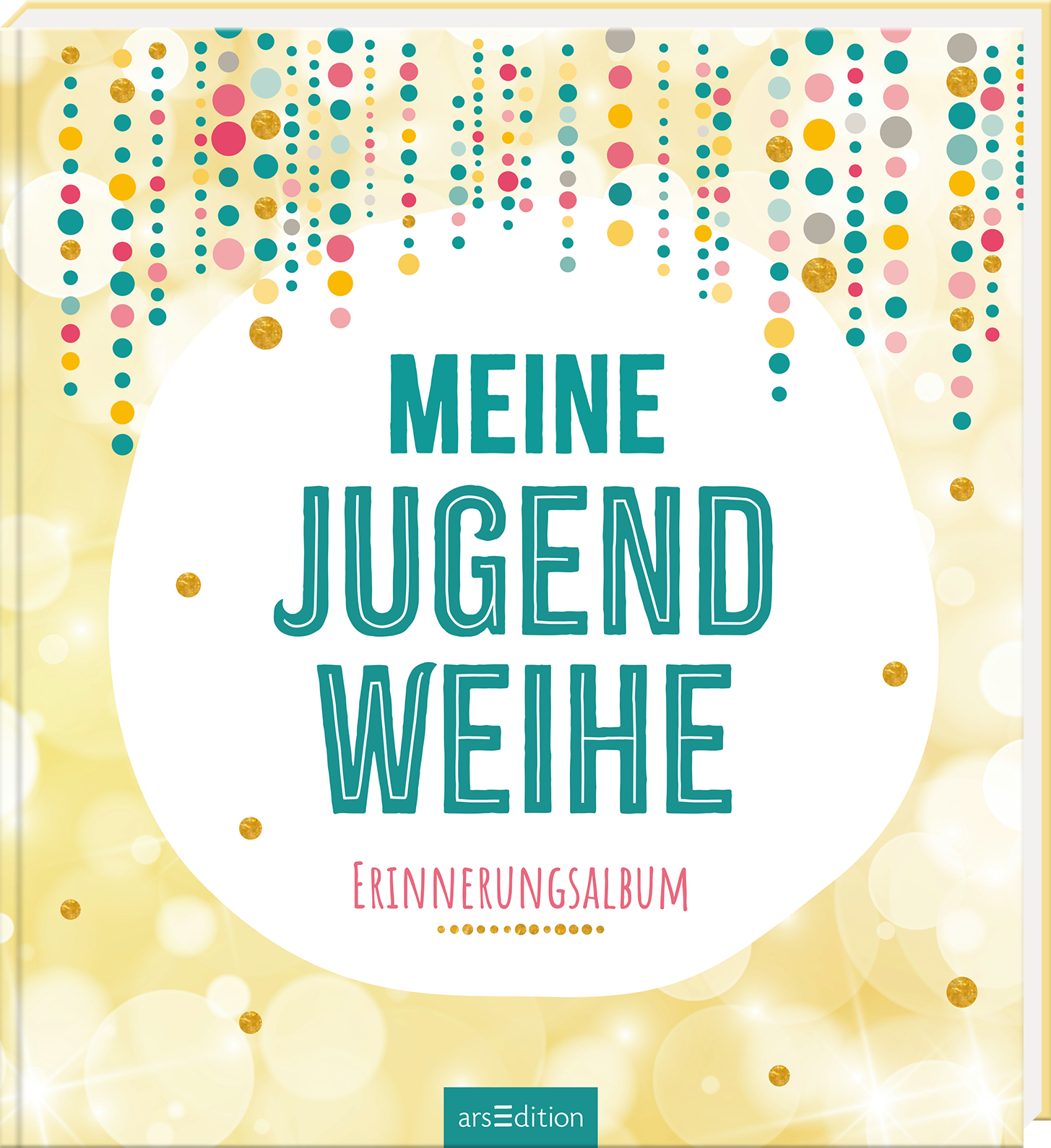 Das Buchcover zeigt einen zarten, goldenen Hintergrund, der eine festliche Atmosphäre vermittelt. Oben sind bunte Streifen in Pink, Türkis, Gold und Pastellfarben angeordnet, die an Konfetti erinnern. In der Mitte steht der Titel „MEINE JUGENDWEIHE“ in großen türkisfarbenen Buchstaben, darunter folgt der Text „Erinnerungsalbum“ in einer schlichteren Schriftart. Ganz unten mittig steht der Logoschriftzug von arsEdition.