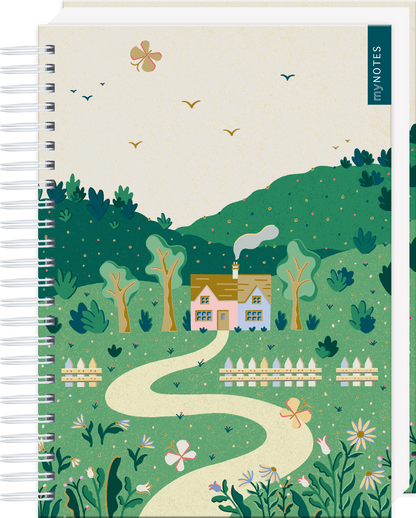 Das Buchcover zeigt eine idyllische Landschaft mit sanften Hügeln in verschiedenen Grüntönen. In der Mitte steht ein stilvolles, hellrosefarbenes Haus mit einem schilffarbenen Dach, umgeben von üppiger Vegetation, bunten Blumen und einem weißen Holzzaun. Über dem Haus schwebt eine leichte Rauchfahne. Der Himmel ist klar mit vereinzelten Vögeln und einer stilisierten Blume. Auf der rechten oberen Seite hebt sich der Schriftzug „my NOTES“ in Blau ab. Ganz unten mittig steht der...
