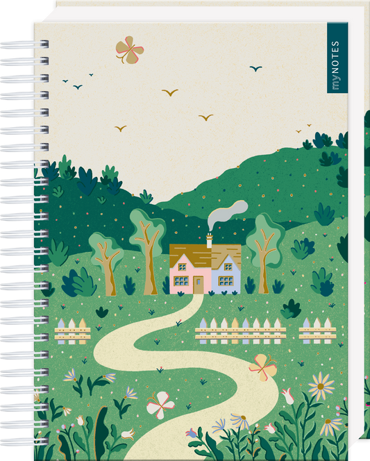 Das Buchcover zeigt eine idyllische Landschaft mit sanften Hügeln in verschiedenen Grüntönen. In der Mitte steht ein stilvolles, hellrosefarbenes Haus mit einem schilffarbenen Dach, umgeben von üppiger Vegetation, bunten Blumen und einem weißen Holzzaun. Über dem Haus schwebt eine leichte Rauchfahne. Der Himmel ist klar mit vereinzelten Vögeln und einer stilisierten Blume. Auf der rechten oberen Seite hebt sich der Schriftzug „my NOTES“ in Blau ab. Ganz unten mittig steht der...