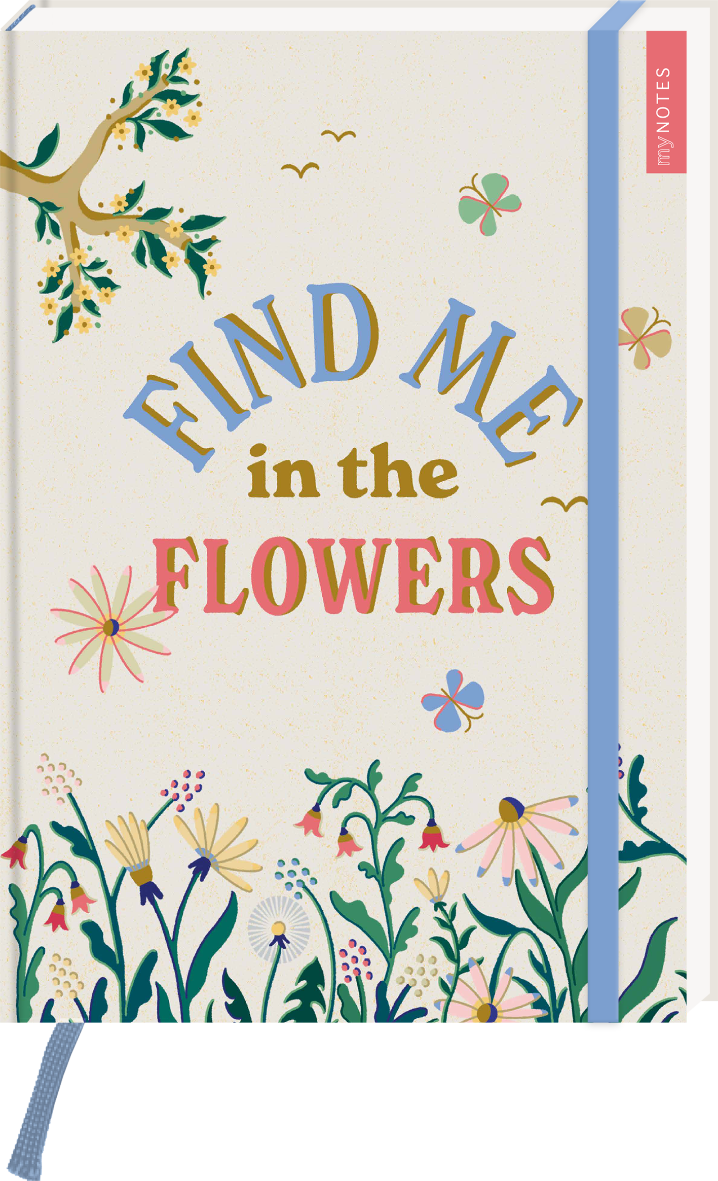 Das Buchcover zeigt eine sanfte, cremefarbene Hintergrundgestaltung, die von bunten Pflanzen und Blumen in verschiedenen Farben, darunter Rosa, Lila und Gelb, umrahmt wird. Im Zentrum steht der Titel „FIND ME in the FLOWERS“ in einer verspielten Typografie, wobei „FIND ME“ in Blau und „FLOWERS“ in auffälligem Rot hervorgehoben ist. Ein zarter, blauer Lesezeichenband ist ebenfalls sichtbar. Ganz unten mittig steht der Logoschriftzug von arsEdition.