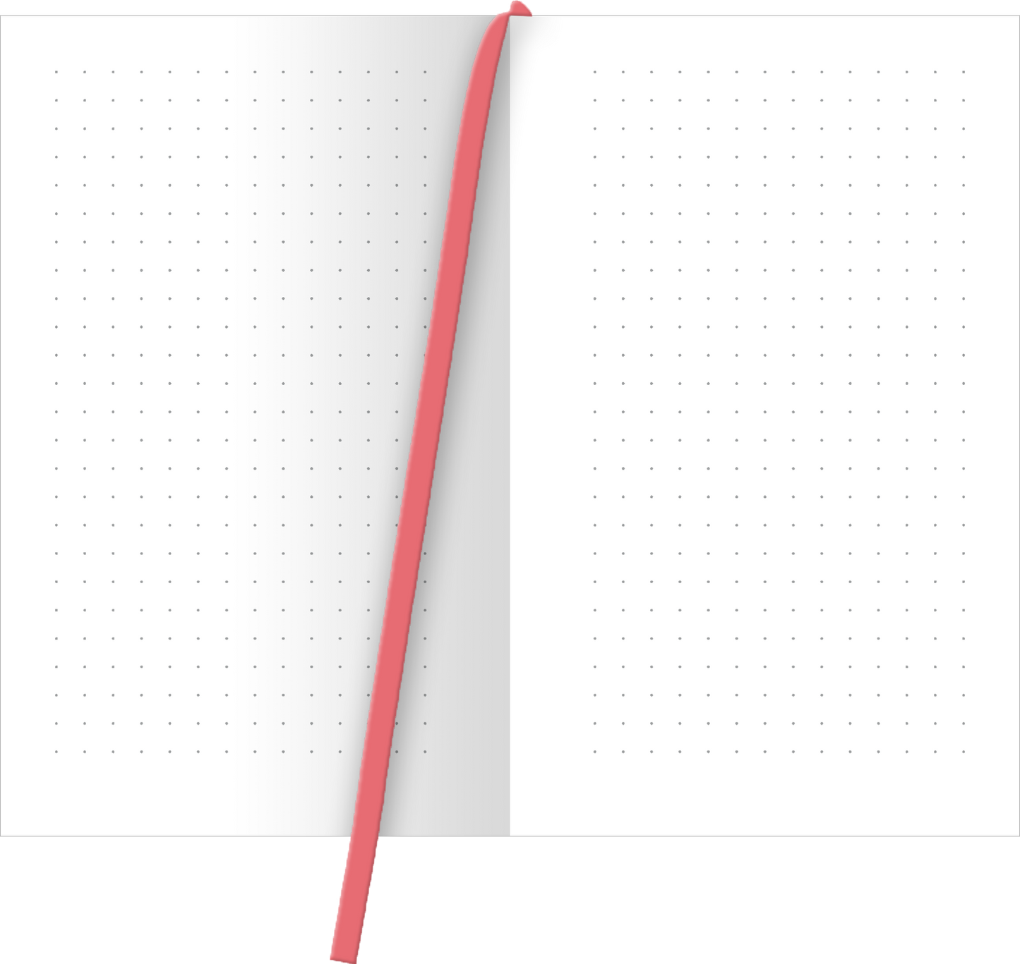 Gezeigt wird eine Innen- oder Zusatzansicht von „myNOTES Papeterie: Notizbuch A5 Cottage Style: Keep going keep growing“. Die Seiten des Notizbuchs sind in sanftem Weiß gehalten und mit feinen, gepunkteten Rasterlinien versehen. Ein auffälliges, rotes Lesezeichen hebt sich deutlich von der neutralen Farbgebung ab und sorgt für eine praktische Handhabung. Die Typografie ist modern und klar, ideal für Notizen und kreative Einträge.