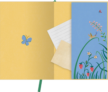 Gezeigt wird eine Innen- oder Zusatzansicht von „myNOTES Papeterie: Notizbuch A5 Cottage Style: Keep going keep growing“. Die Innenseite präsentiert eine sanfte gelbe Farbe mit einem blauen Einleger, der florale Motive, darunter Erdbeeren und Blumen, zeigt. Ein kleiner blauer Schmetterling ziert die gelbe Seite. Zusätzliche weiße und transparente Blätter bieten Platz für Notizen, während die freundliche, verspielte Typografie eine kreative Atmosphäre schafft.