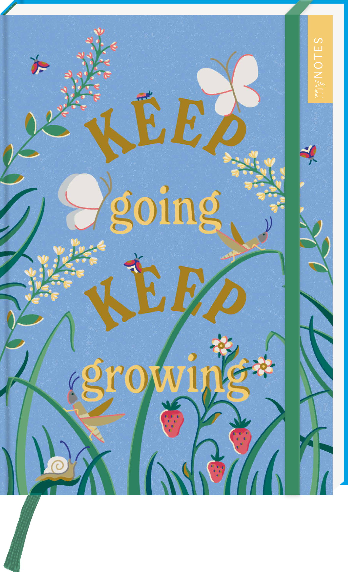 Das Buchcover zeigt einen hellblauen Hintergrund, auf dem grüne Gräser und bunte Pflanzen mit zarten Blumen, Schmetterlingen und kleinen Käfern gestaltet sind. In großen, goldenen Buchstaben steht „KEEP“ oben und „KEEP growing“ unten, während „going“ in kleinerer Schrift in der Mitte platziert ist. Die dekorativen Elemente erzeugen eine fröhliche, inspirierende Atmosphäre. Oben rechts befindet sich ein gelber Bereich mit der Aufschrift „my NOTES“. Ganz unten mittig steht...