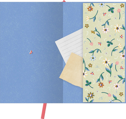 Gezeigt wird eine Innen- oder Zusatzansicht von „myNOTES Papeterie: Notizbuch A6 Cottage Style: Blumenstrauß“. Die Innenseite präsentiert ein sanft blaues Papier mit einer strukturierten Oberfläche. Über dem blauem Hintergrund befindet sich ein beige-gestreiftes Blatt mit linierten Notizen daneben ein leicht transparentes, beige farbenes Papier. Rechts zeigt sich ein florales Muster in sanften Farben wie Gelb, Grün und Rosa, das einen verspielten, ländlichen Stil vermittelt. Ein rotes...