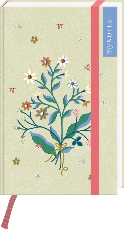 Auf einem sanft grünen Cover entfaltet sich eine verspielte Pflanzenillustration mit bunten Blumen und zarten Blattmotiven, die von kleinen Bienen und Blüten umringt ist. Die Schrift „my NOTES“ erscheint auf einem blauen Hintergrund, der rechts oben platziert ist. Ein rotes Gummiband ergänzt das Design. Die fröhliche, einladende Atmosphäre suggeriert Kreativität und Inspiration. Ganz unten mittig steht der Logoschriftzug von arsEdition.