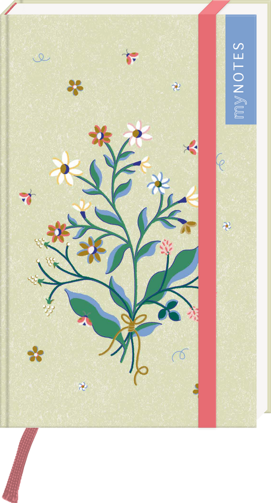 Auf einem sanft grünen Cover entfaltet sich eine verspielte Pflanzenillustration mit bunten Blumen und zarten Blattmotiven, die von kleinen Bienen und Blüten umringt ist. Die Schrift „my NOTES“ erscheint auf einem blauen Hintergrund, der rechts oben platziert ist. Ein rotes Gummiband ergänzt das Design. Die fröhliche, einladende Atmosphäre suggeriert Kreativität und Inspiration. Ganz unten mittig steht der Logoschriftzug von arsEdition.