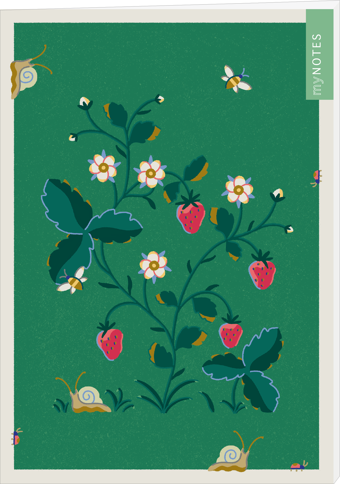Das Buchcover zeigt eine lebendige grüne Hintergrundfarbe, auf der eine farbenfrohe Illustration von Erdbeerpflanzen mit leuchtend roten Früchten und weißen Blüten zu sehen ist. Rote und grüne Blätter umrahmen die Pflanzen. Im oberen Bereich fliegen mehrere kleine Bienen, während Schnecken am unteren Rand des Covers sitzen. Auf der rechten Seite befindet sich ein schmaler grauer Streifen mit dem Text „my NOTES“. Ganz unten mittig steht der Logoschriftzug von arsEdition.