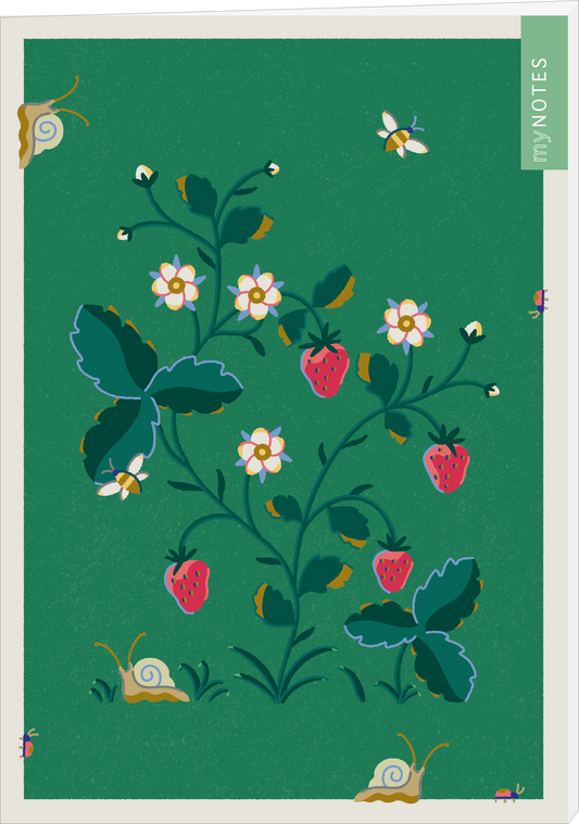 Das Buchcover zeigt eine lebendige grüne Hintergrundfarbe, auf der eine farbenfrohe Illustration von Erdbeerpflanzen mit leuchtend roten Früchten und weißen Blüten zu sehen ist. Rote und grüne Blätter umrahmen die Pflanzen. Im oberen Bereich fliegen mehrere kleine Bienen, während Schnecken am unteren Rand des Covers sitzen. Auf der rechten Seite befindet sich ein schmaler grauer Streifen mit dem Text „my NOTES“. Ganz unten mittig steht der Logoschriftzug von arsEdition.