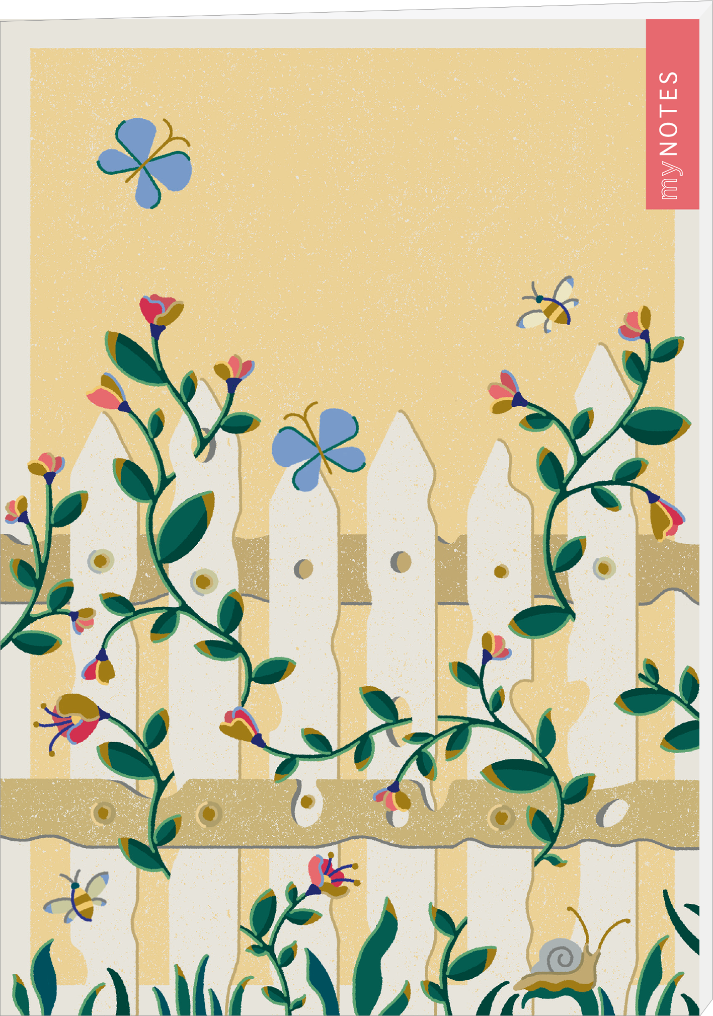 Das Buchcover zeigt einen hellgelben Hintergrund mit einem weißen Holzzaun, der von bunten, pflanzlichen Verzierungen umgeben ist. Die Pflanzen sind in verschiedenen Grüntönen gehalten, mit rosa und blauen Blüten, die lebendig wirken. Im oberen Bereich fliegen kleine Schmetterlinge in Blau und Gelb umher. Rechts oben hebt sich ein rotes Feld mit dem Schriftzug „my NOTES“ ab. Ganz unten mittig steht der Logoschriftzug von arsEdition.