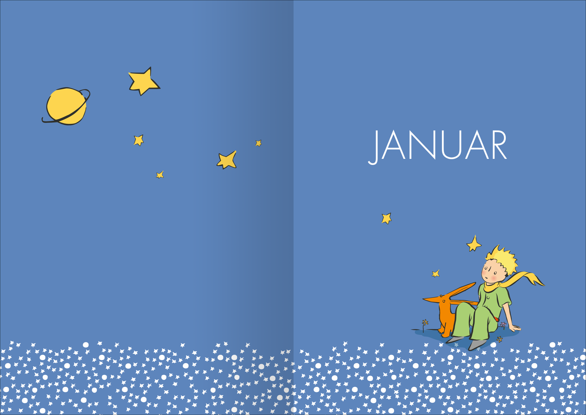 Gezeigt wird eine Innen- oder Zusatzansicht von „Der kleine Prinz 5 Jahresbuch“. Die Doppelseite ist in sanften Blautönen gehalten, die den Himmel darstellen. Auf der linken Seite ist ein gelber Planet und leuchtende Sterne abgebildet. Rechts steht in klarer, großer Typografie das Wort „JANUAR“. In der unteren Bildhälfte sitzen der kleine Prinz in einem grünen Outfit und ein orangefarbener Fuchs, umgeben von weißen, schneeflockenartigen Elementen.