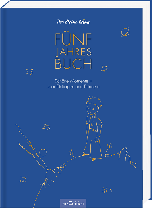 Das Buchcover zeigt einen tiefblauen Hintergrund mit handgezeichneten goldenen Elementen, einschließlich eines kleinen Jungen, der nachdenklich steht. Oben in großen, goldenen Buchstaben steht „FÜNF JAHRES BUCH“. Darunter befindet sich der Untertitel „Schöne Momente – zum Eintragen und Erinnern“ in einer schlichteren Schrift. Die Atmosphäre wirkt nostalgisch und einladend. Ganz unten mittig steht der Logoschriftzug von arsEdition.